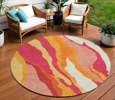 8' Blush Copper And Ivory Round Abstract Washable Indoor Outdoor Area Rug
