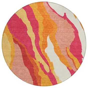 8' Blush Copper And Ivory Round Abstract Washable Indoor Outdoor Area Rug