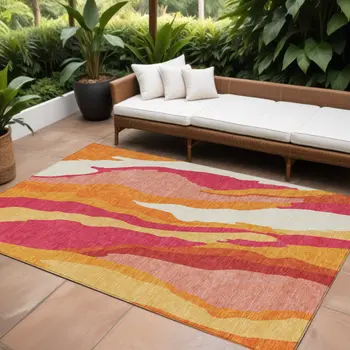 9' X 12' Blush Copper And Ivory Abstract Washable Indoor Outdoor Area Rug