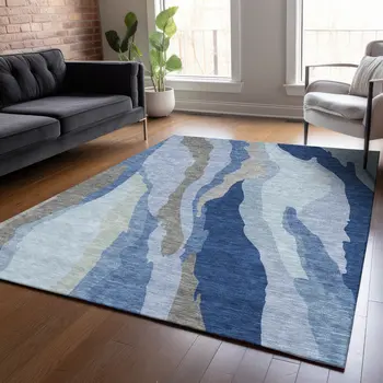 3' X 5' Blue Gray And Ivory Abstract Washable Indoor Outdoor Area Rug