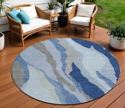 8' Blue Gray And Ivory Round Abstract Washable Indoor Outdoor Area Rug