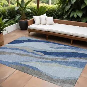 8' X 10' Blue Gray And Ivory Abstract Washable Indoor Outdoor Area Rug