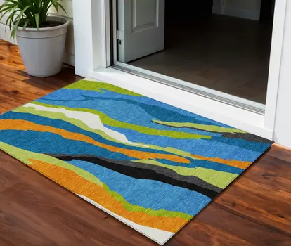 3' X 5' Denim Blue Copper And Green Abstract Washable Indoor Outdoor Area Rug