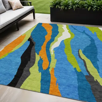 5' X 8' Denim Blue Copper And Green Abstract Washable Indoor Outdoor Area Rug