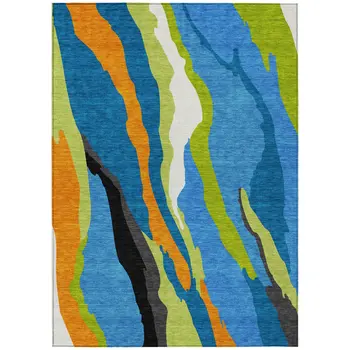 5' X 8' Denim Blue Copper And Green Abstract Washable Indoor Outdoor Area Rug
