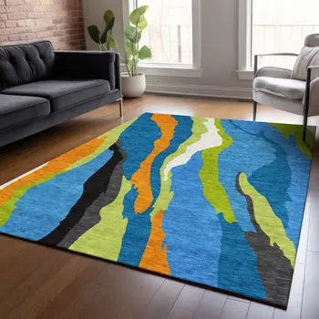 5' X 8' Denim Blue Copper And Green Abstract Washable Indoor Outdoor Area Rug
