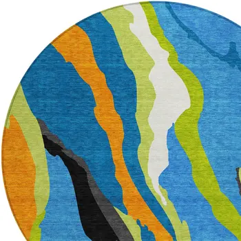 8' Denim Blue Copper And Green Round Abstract Washable Indoor Outdoor Area Rug