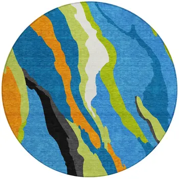 8' Denim Blue Copper And Green Round Abstract Washable Indoor Outdoor Area Rug