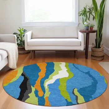 8' Denim Blue Copper And Green Round Abstract Washable Indoor Outdoor Area Rug