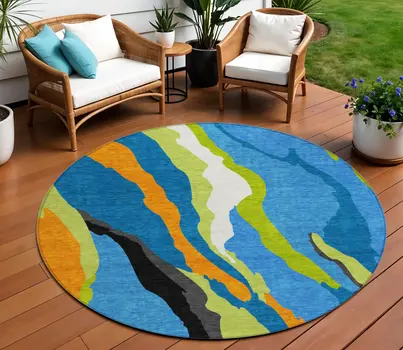 8' Denim Blue Copper And Green Round Abstract Washable Indoor Outdoor Area Rug