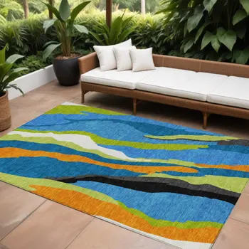 10' X 14' Denim Blue Copper And Green Abstract Washable Indoor Outdoor Area Rug