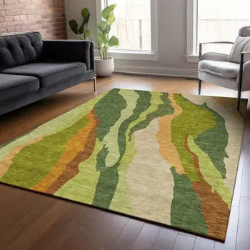 3' X 5' Green Beige And Copper Abstract Washable Indoor Outdoor Area Rug