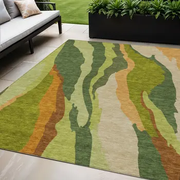 5' X 8' Green Beige And Copper Abstract Washable Indoor Outdoor Area Rug