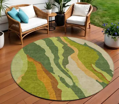 8' Green Beige And Copper Round Abstract Washable Indoor Outdoor Area Rug