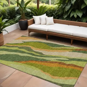 10' X 14' Green Beige And Copper Abstract Washable Indoor Outdoor Area Rug