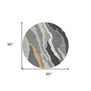 8' Gray Charcoal And Tan Round Abstract Washable Indoor Outdoor Area Rug