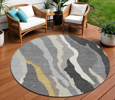 8' Gray Charcoal And Tan Round Abstract Washable Indoor Outdoor Area Rug