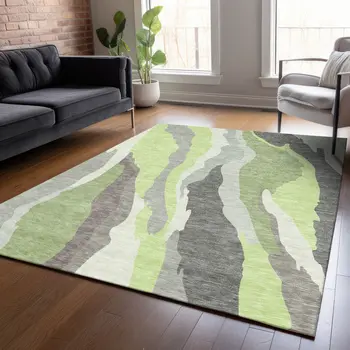 3' X 5' Mint Green Gray And Charcoal Abstract Washable Indoor Outdoor Area Rug