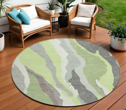 8' Mint Green Gray And Charcoal Round Abstract Washable Indoor Outdoor Area Rug