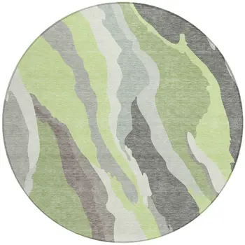 8' Mint Green Gray And Charcoal Round Abstract Washable Indoor Outdoor Area Rug