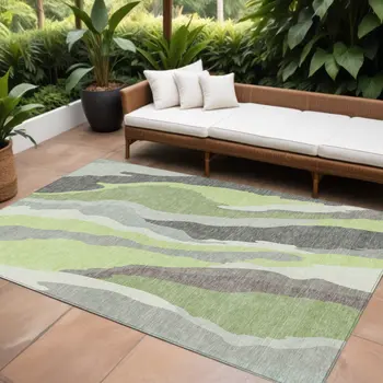 10' X 14' Mint Green Gray And Charcoal Abstract Washable Indoor Outdoor Area Rug