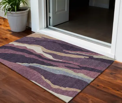 3' X 5' Plum Purple And Ivory Abstract Washable Indoor Outdoor Area Rug