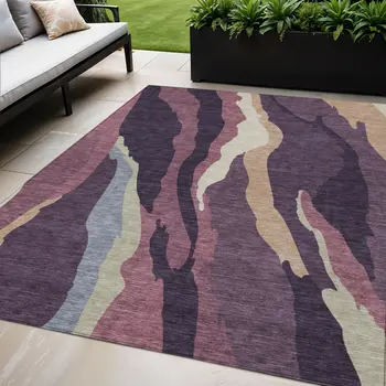 5' X 8' Plum Purple And Ivory Abstract Washable Indoor Outdoor Area Rug