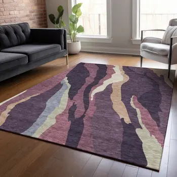 5' X 8' Plum Purple And Ivory Abstract Washable Indoor Outdoor Area Rug
