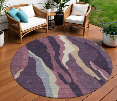 8' Plum Purple And Ivory Round Abstract Washable Indoor Outdoor Area Rug