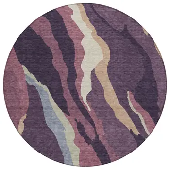 8' Plum Purple And Ivory Round Abstract Washable Indoor Outdoor Area Rug