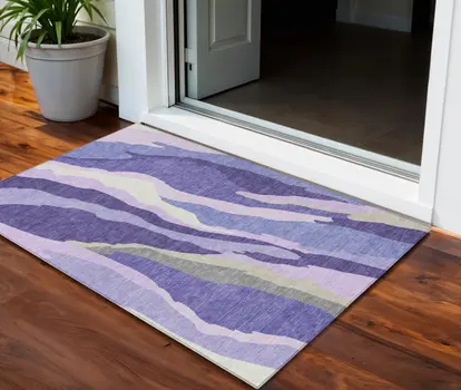 3' X 5' Purple Lavender And Ivory Abstract Washable Indoor Outdoor Area Rug