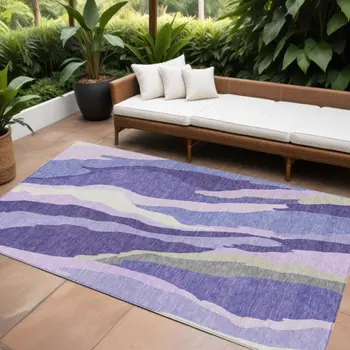 8' X 10' Purple Lavender And Ivory Abstract Washable Indoor Outdoor Area Rug
