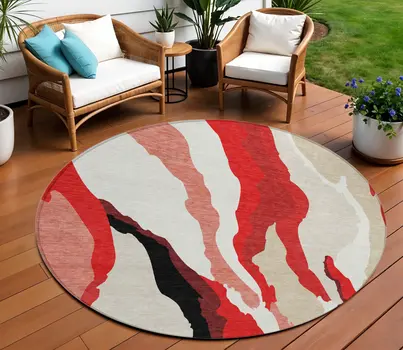 8' Red Black And Beige Round Abstract Washable Indoor Outdoor Area Rug