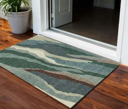 3' X 5' Sage Brown And Beige Abstract Washable Indoor Outdoor Area Rug