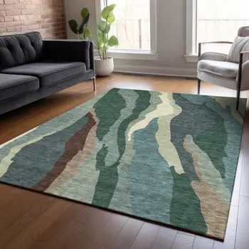 3' X 5' Sage Brown And Beige Abstract Washable Indoor Outdoor Area Rug