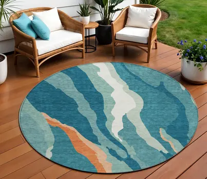 8' Teal Blue Copper And Ivory Round Abstract Washable Indoor Outdoor Area Rug