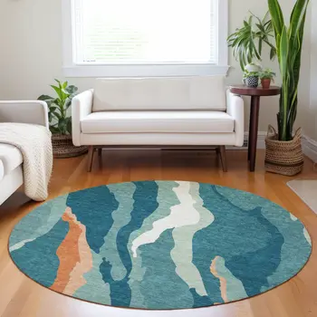 8' Teal Blue Copper And Ivory Round Abstract Washable Indoor Outdoor Area Rug