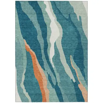 8' X 10' Teal Blue Copper And Ivory Abstract Washable Indoor Outdoor Area Rug