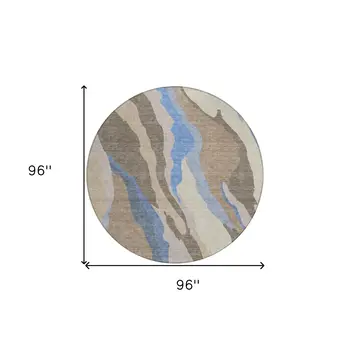 8' Taupe Tan And Blue Round Abstract Washable Indoor Outdoor Area Rug