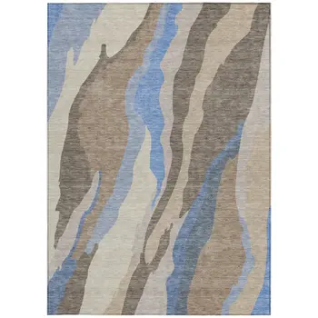 9' X 12' Taupe Tan And Blue Abstract Washable Indoor Outdoor Area Rug