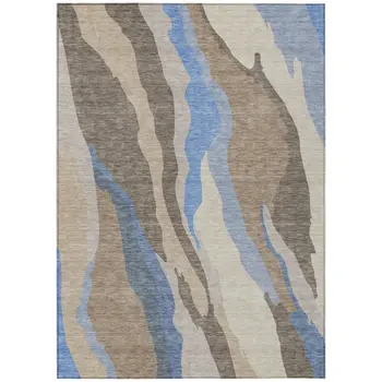 9' X 12' Taupe Tan And Blue Abstract Washable Indoor Outdoor Area Rug