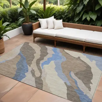 10' X 14' Taupe Tan And Blue Abstract Washable Indoor Outdoor Area Rug