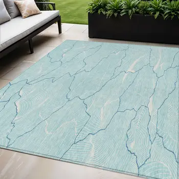 5' X 8' Aqua And Ivory Abstract Washable Indoor Outdoor Area Rug