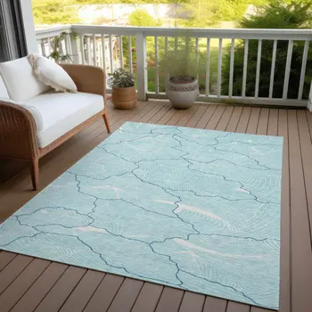 5' X 8' Aqua And Ivory Abstract Washable Indoor Outdoor Area Rug