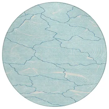 8' Aqua And Ivory Round Abstract Washable Indoor Outdoor Area Rug