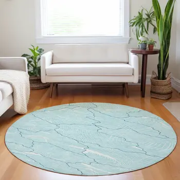 8' Aqua And Ivory Round Abstract Washable Indoor Outdoor Area Rug