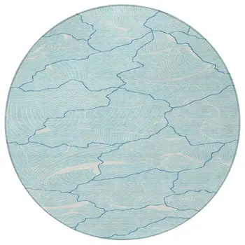8' Aqua And Ivory Round Abstract Washable Indoor Outdoor Area Rug