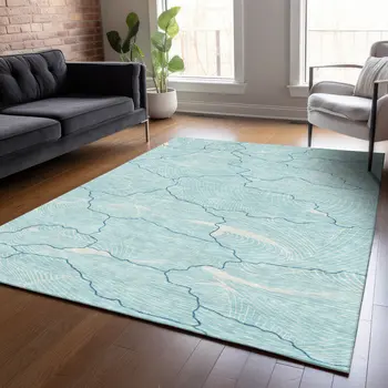 9' X 12' Aqua And Ivory Abstract Washable Indoor Outdoor Area Rug