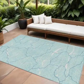 10' X 14' Aqua And Ivory Abstract Washable Indoor Outdoor Area Rug