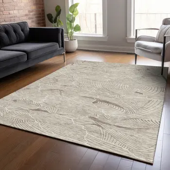 9' X 12' Beige And Tan Abstract Washable Indoor Outdoor Area Rug